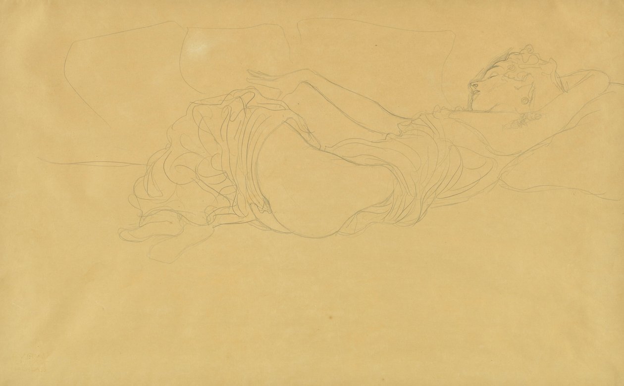 Nainen makaa selällään, osittain pukeutunut tekijältä Gustav Klimt