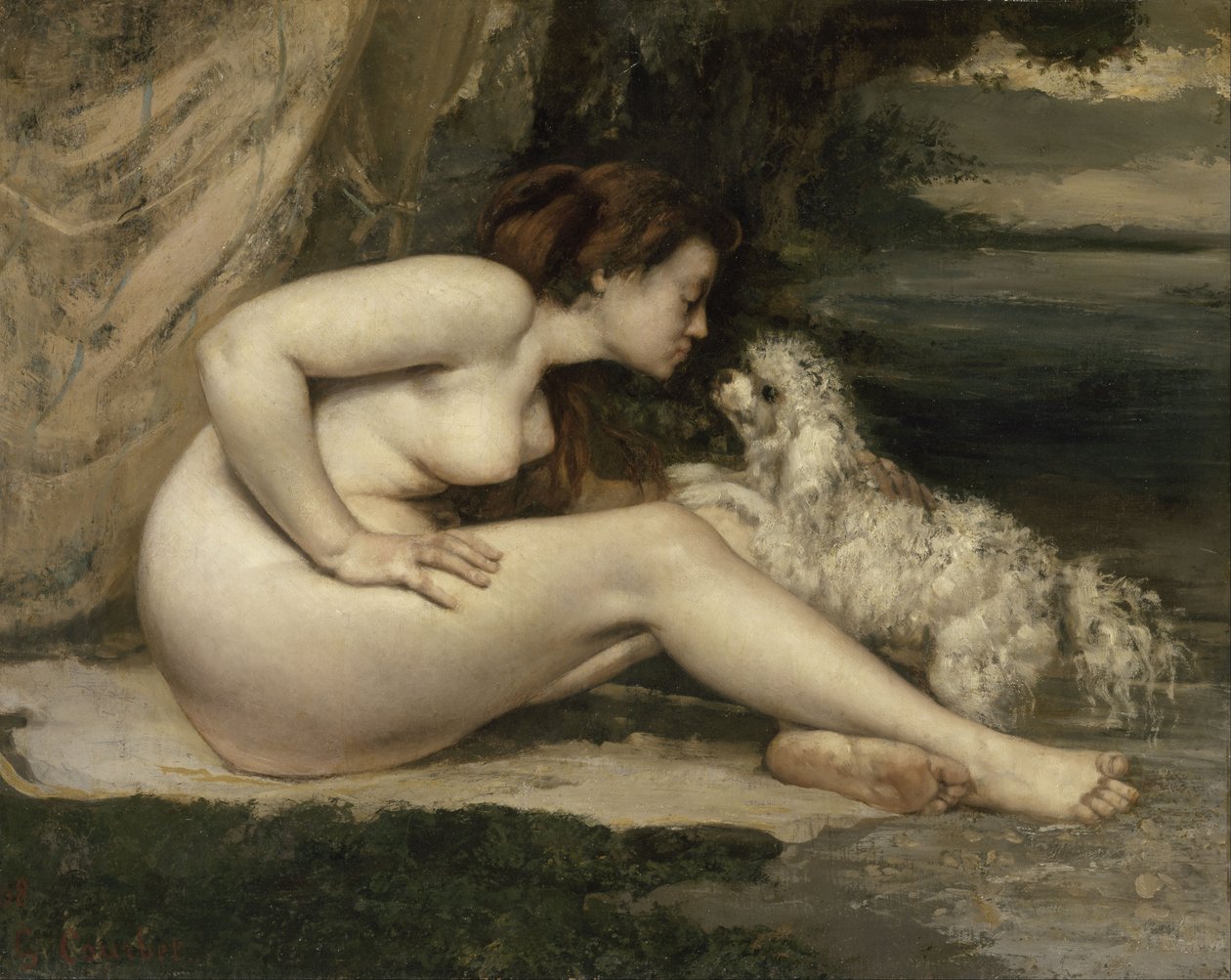 Alaston nainen koiran kanssa tekijältä Gustave Courbet