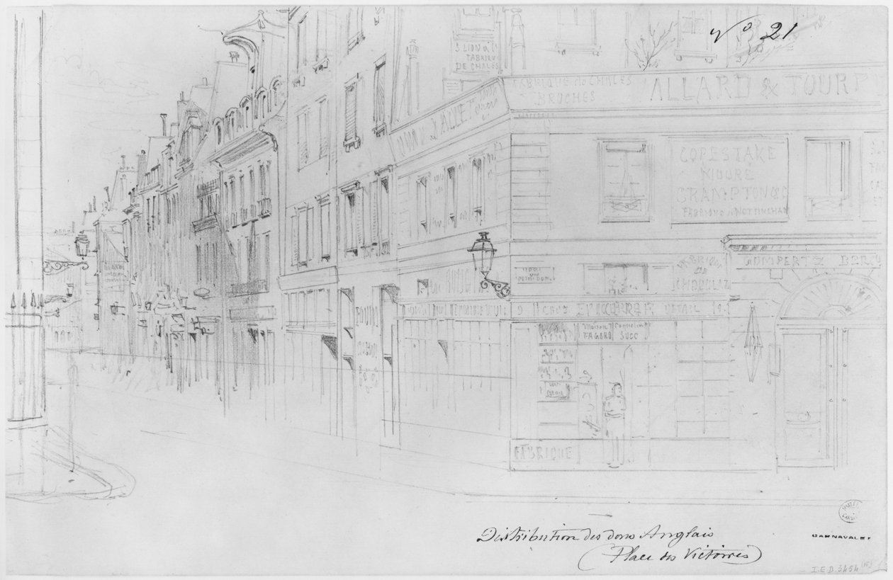 Pariisin piirityksen albumi, brittiläisten lahjoitusten jako, Place des Victoires (kynä ja ruskea mustepesu ja kynä paperille) tekijältä Gustave Dore