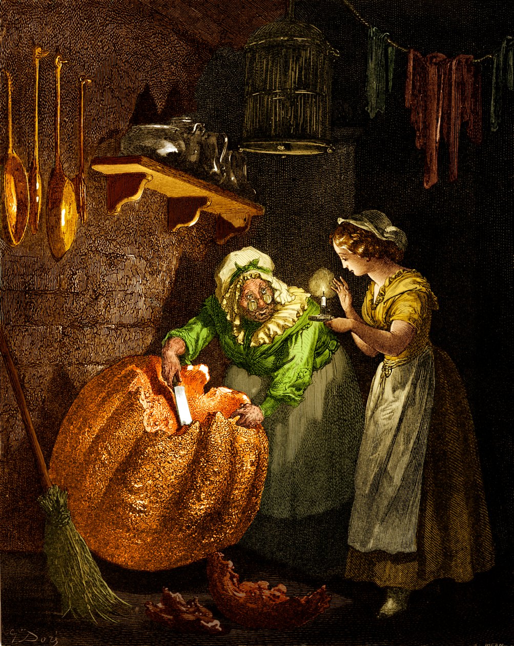Cinderella: Keijukummi kaivertaa kurpitsaa. tekijältä Gustave Dore