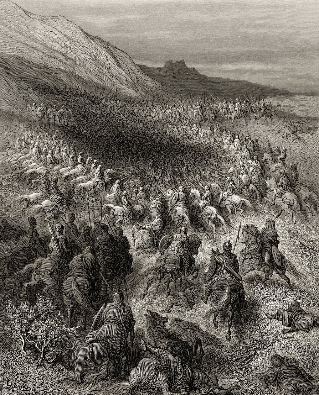 Saladinin (1137–1193) armeijan piirittämät ristiretkeläiset, kuvitus J-F:n Bibliotheque des Croisadesista. Michaud, 1877 tekijältä Gustave Dore