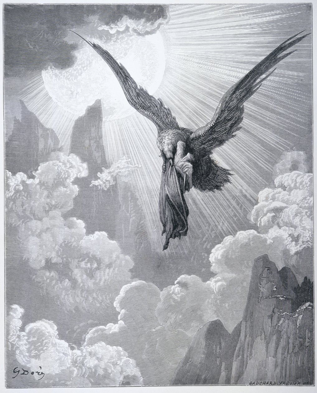 Dante ja kotka, Dante Alighierin (1265-1321) "Jumalasta komediasta" (Purgatorio), kaiverrus Gauchard Brunier, n. 1868 tekijältä Gustave Dore