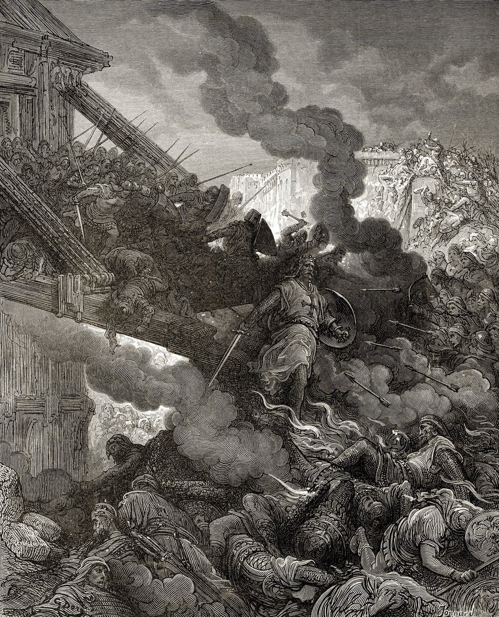 Godfrey (n. 1060-1100) saapuu Jerusalemiin, kuvitus J-F:n Bibliotheque des Croisadesista. Michaud, 1877 tekijältä Gustave Dore