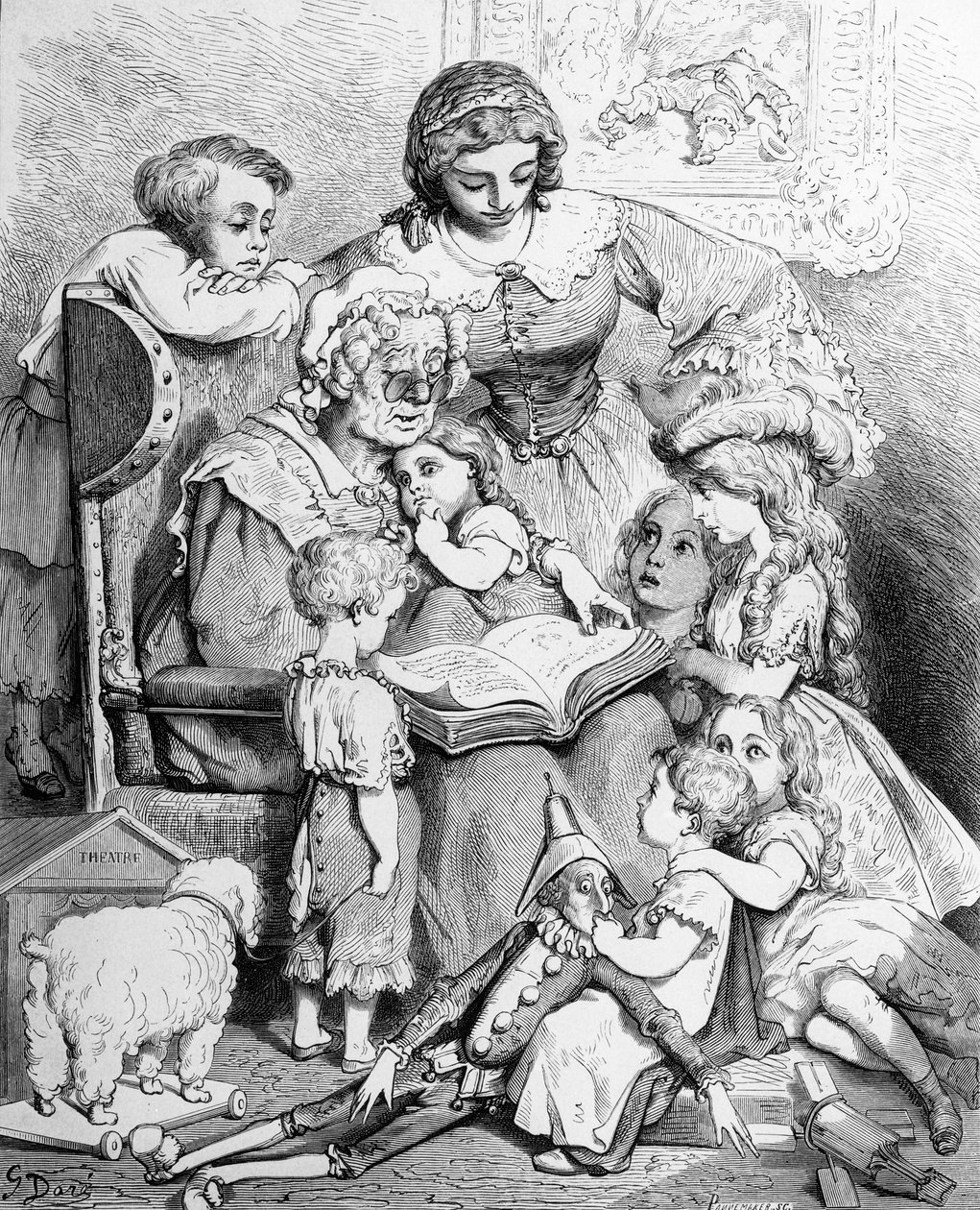 Isoäiti kertoo tarinaa lastenlapsilleen, kuvitettu nimilehti Les contes de Perraultista, kaiverrettu Pannemaker, julkaissut J.Hetzel, 1862 tekijältä Gustave Dore
