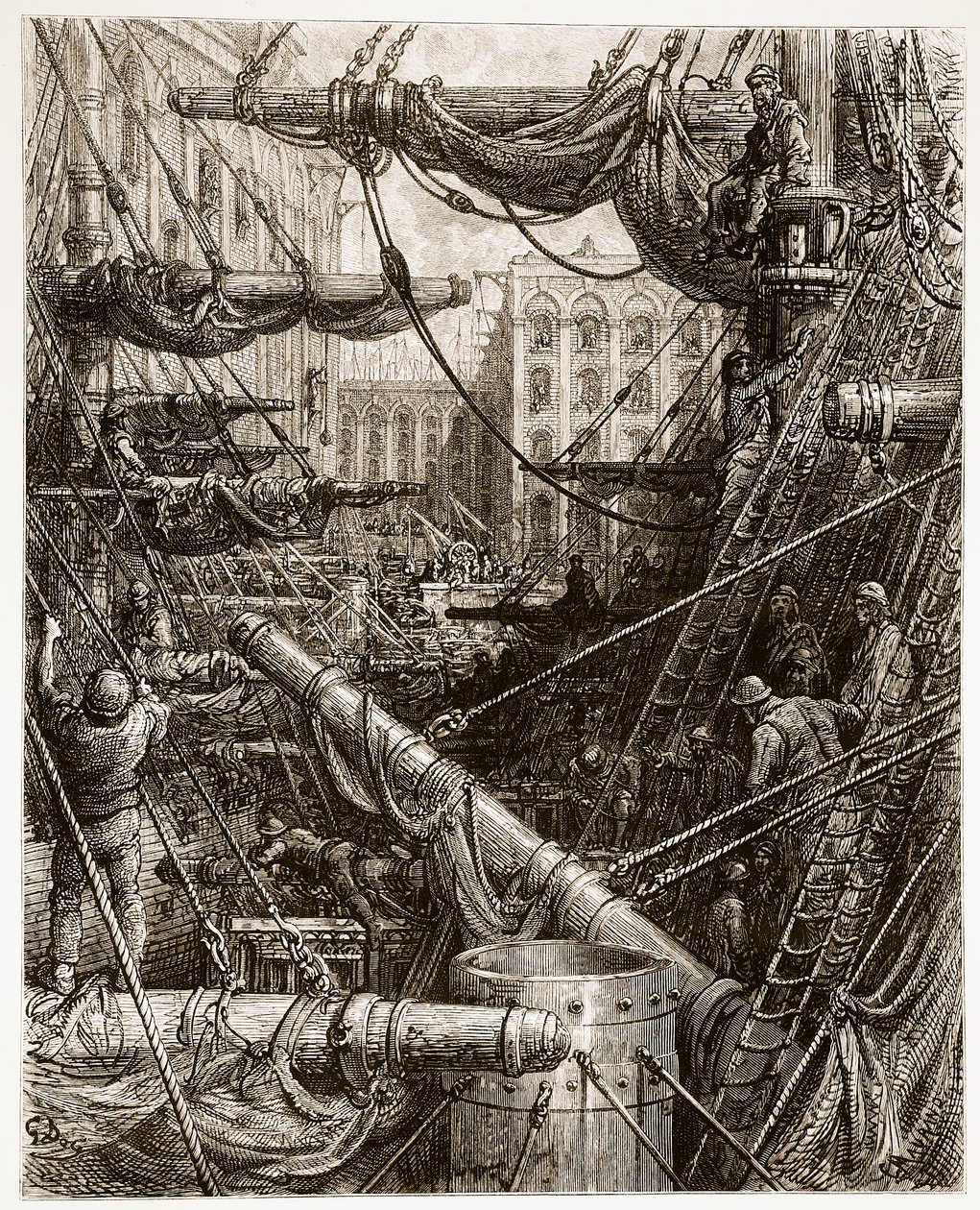 Inside the Docks, teoksesta "London, a Pilgrimage", kirjoittanut William Blanchard Jerrold (1826-84) ja kaivertanut Charles Maurand (s.1822) pub. 1872 tekijältä Gustave Dore