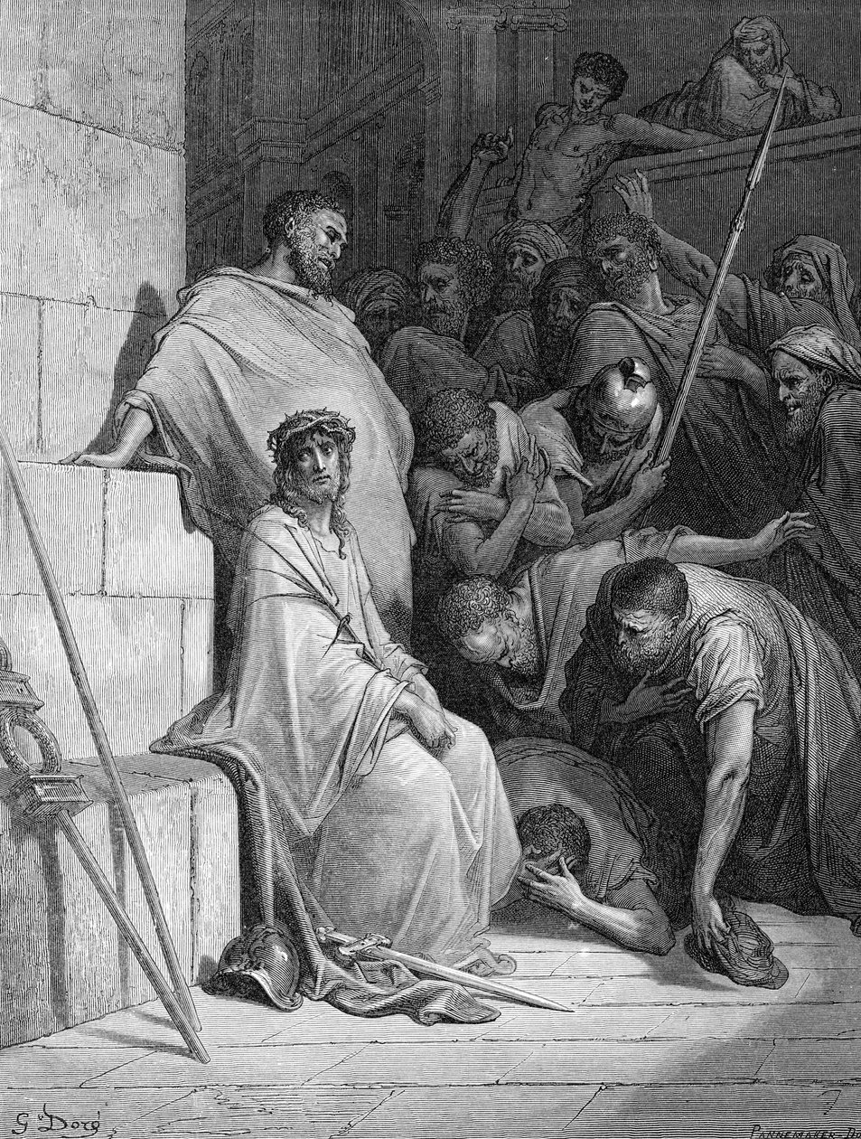 Roomalaiset sotilaat pilkkaavat Jeesusta - Raamattu tekijältä Gustave Dore