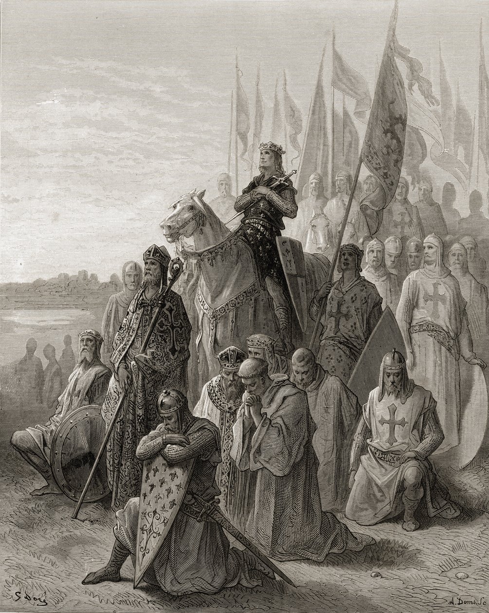 Kuningas Ludvig IX (1217-70) ennen Damiettaa, kuvitus J-F:n Bibliotheque des Croisadesista. Michaud, 1877 tekijältä Gustave Dore