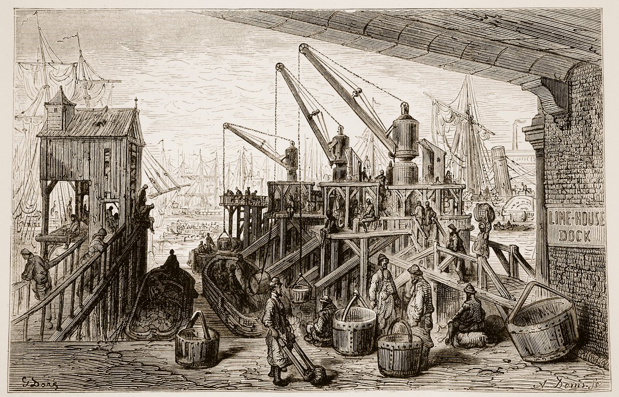 Limehouse Dock, "Lontoo, pyhiinvaellus", kirjoittanut William Blanchard Jerrold (1826-84) ja kaivertanut A. Doms, 1872 tekijältä Gustave Dore