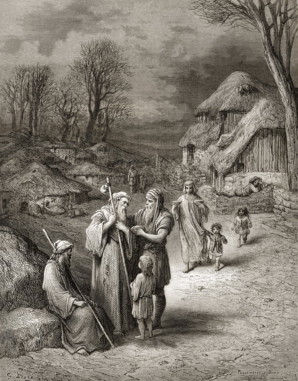 Talonpojat ruokkivat pyhiinvaeltajia, kuvitus J-F:n Bibliotheque des Croisadesista. Michaud, 1877 tekijältä Gustave Dore