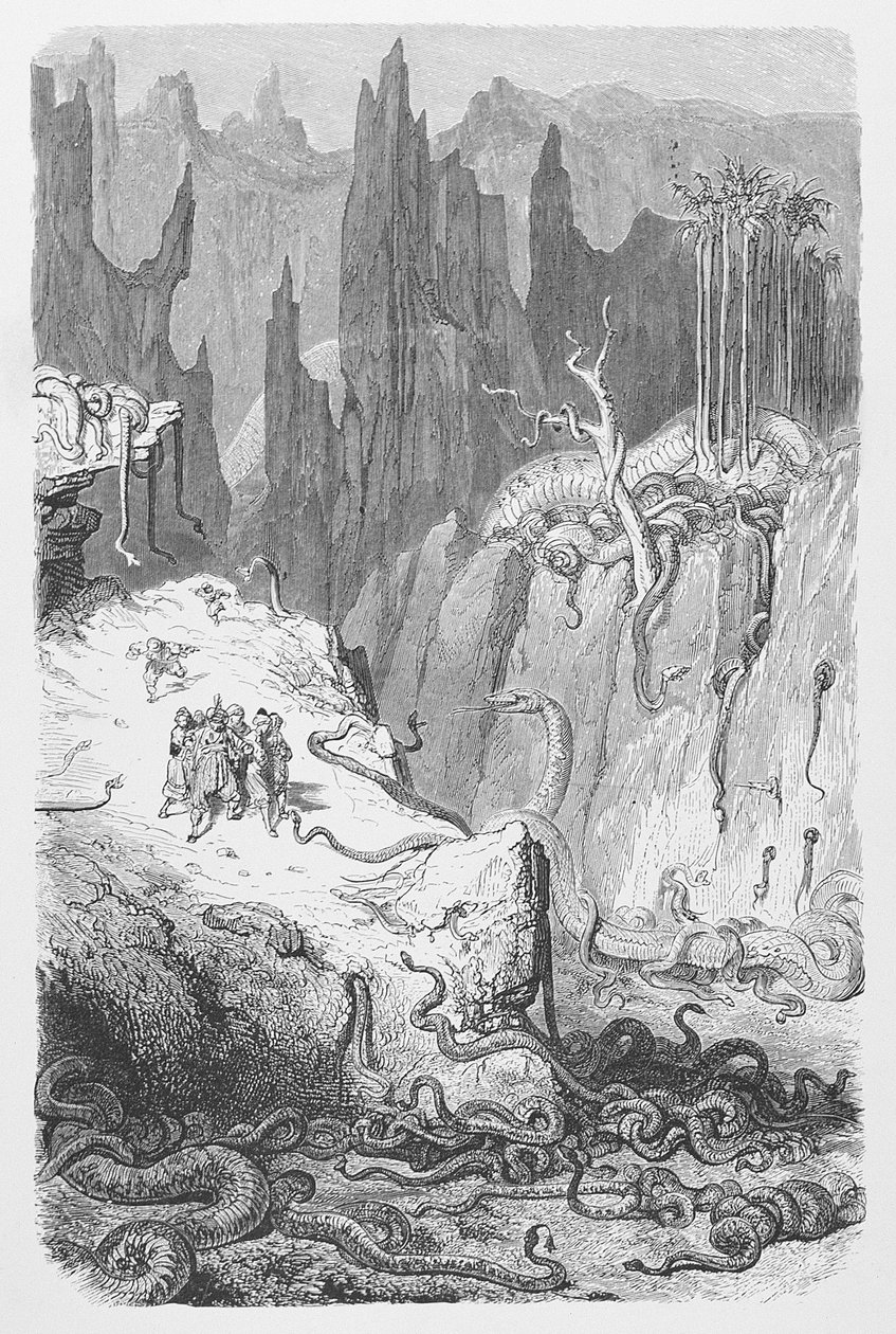Sinbad käärmeiden keskellä, noin 1868. tekijältä Gustave Dore