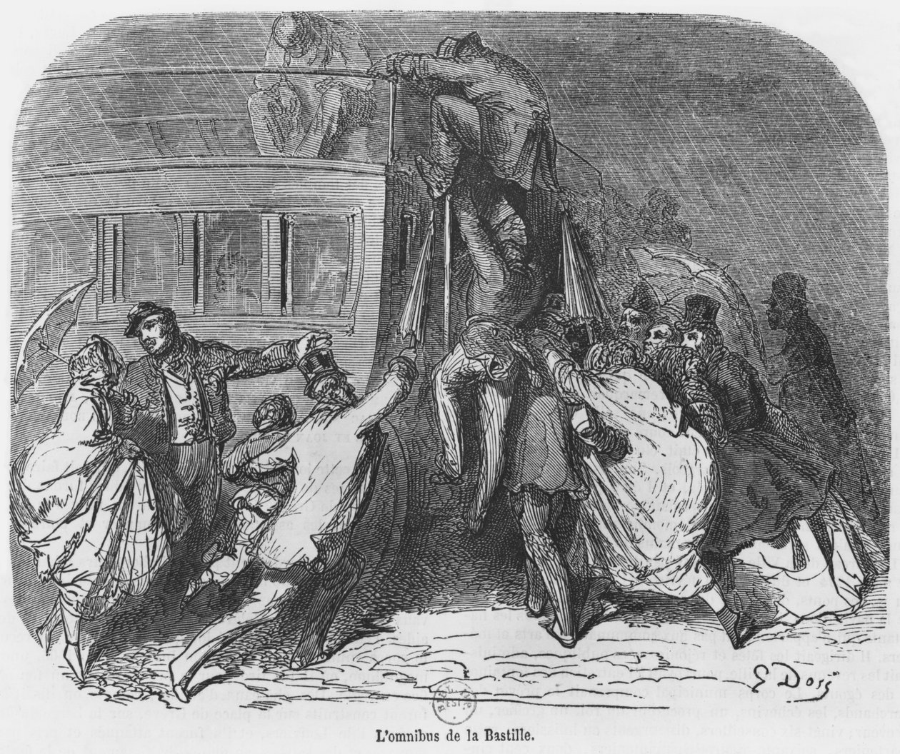 Bastille-omnibussi, kuvitus Emile Gigault de La Bedollieren (1812-83) Le Nouveau Paris -teoksesta tekijältä Gustave Dore