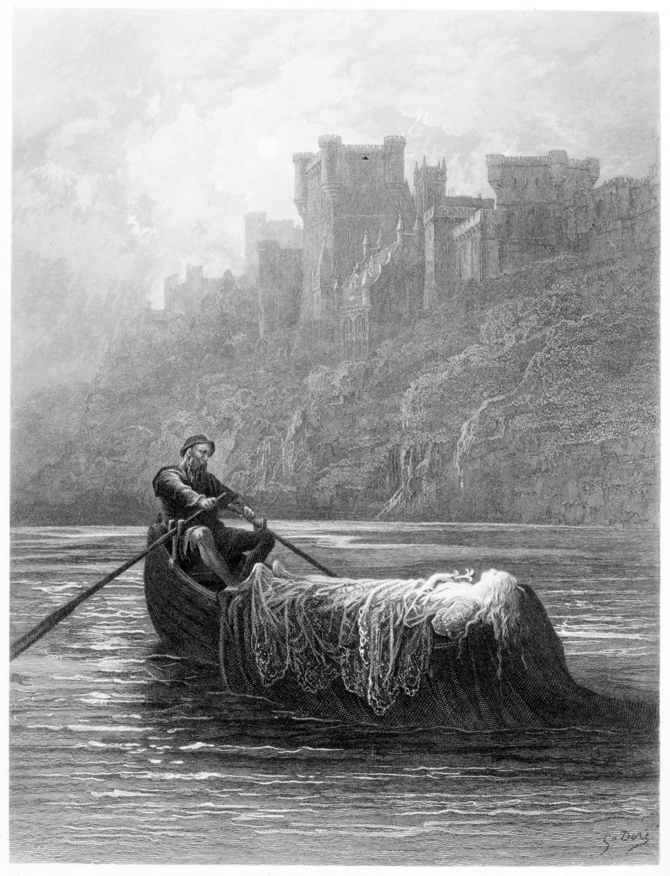 Elainen ruumis matkalla kuningas Arthurin palatsiin, kuvitus Alfred Tennysonin teoksesta "Idylls of the King" tekijältä Gustave Dore