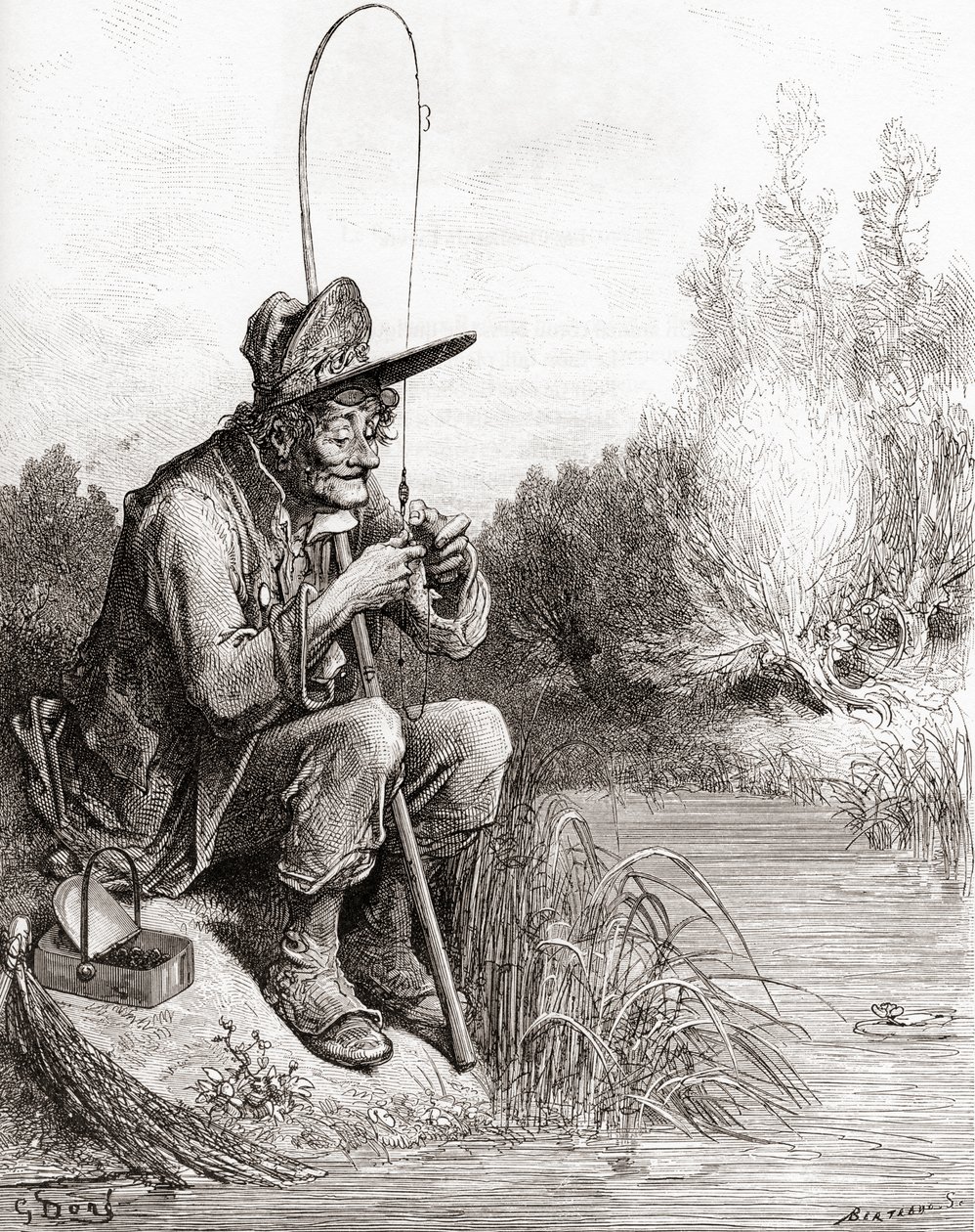 Kalastaja ja pieni kala, 1800-luvun lopun Fables de La Fontainen painoksesta (puukaiverrus) tekijältä Gustave Dore