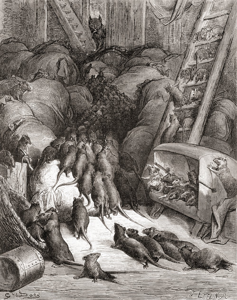 The League of the Rats, 1800-luvun lopun Fables de La Fontainen painoksesta (puukaiverrus) tekijältä Gustave Dore