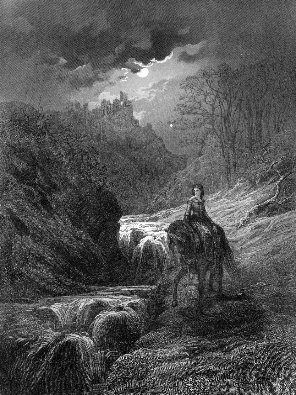Moonlight Ride, kuvitus Alfred Tennysonin teoksesta "Idylls of the King", 1868 tekijältä Gustave Dore