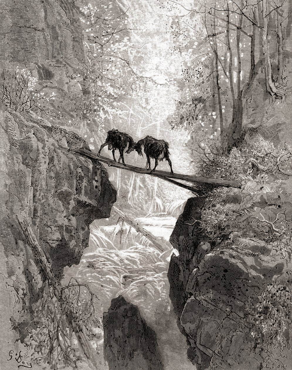 The Two Goats, 1800-luvun lopun Fables de La Fontainen painoksesta (puukaiverrus) tekijältä Gustave Dore