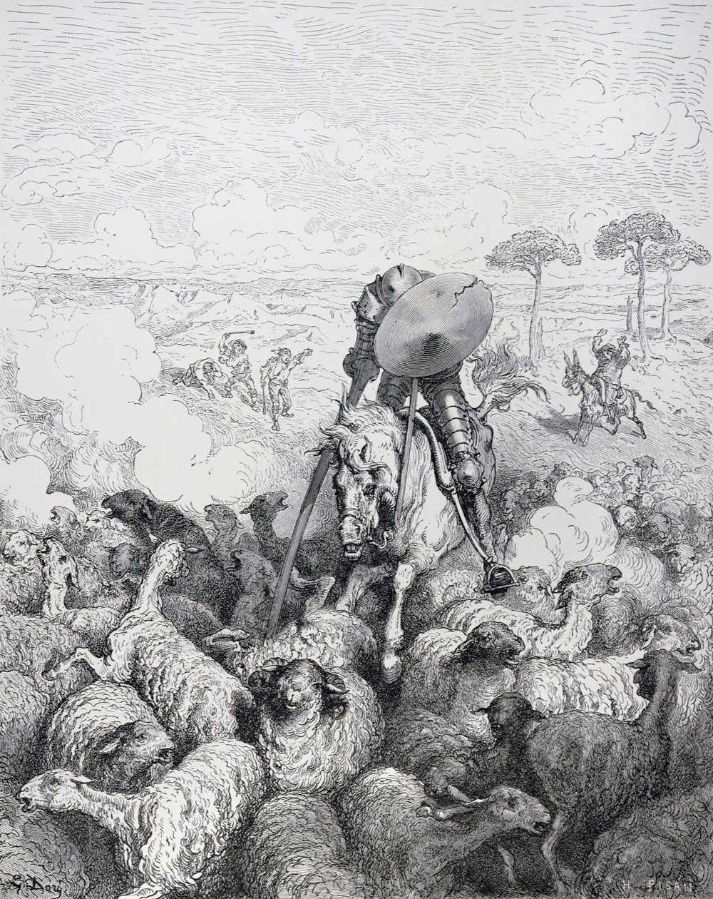 Valiant Charge, Miguel Cervantesin (1547-1616) Don Quijote de la Manchasta, kaiverrettu Heliodore Joseph Pisan (1822-90) n. 1868 tekijältä Gustave Dore