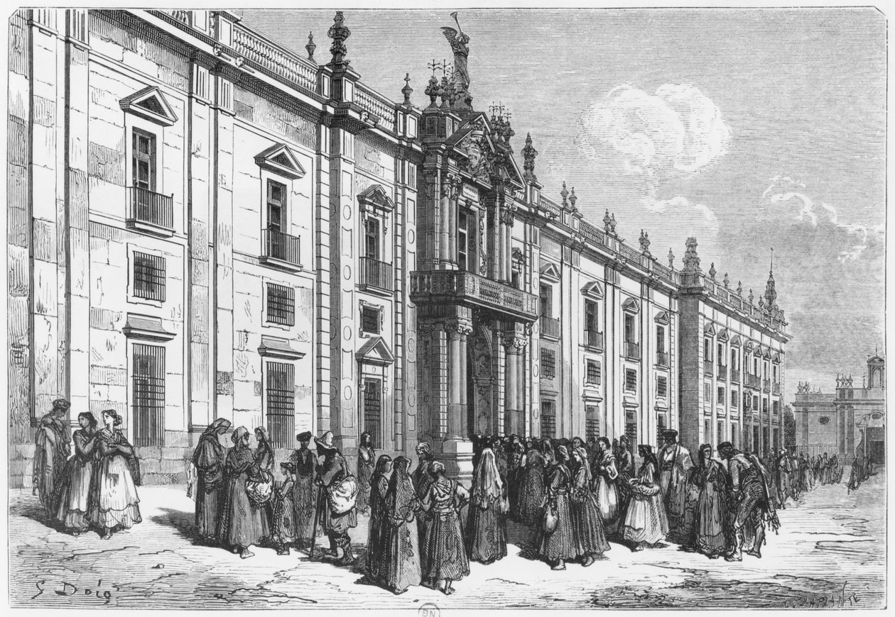 Sevillan tupakkatehdas, kaiverrus Charles Laplante (k.1903) tekijältä Gustave Dore