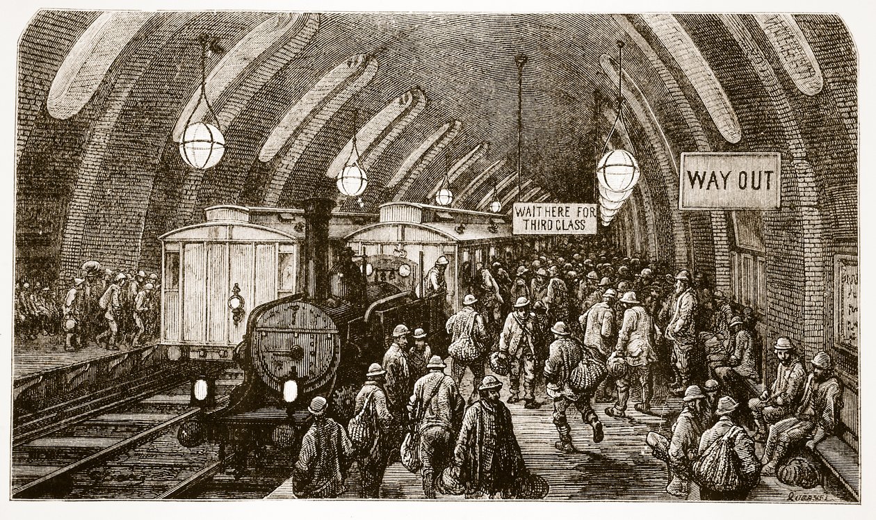 Työmiesjuna, "Lontoo, pyhiinvaellus", kirjoittanut William Blanchard Jerrold (1826-94) ja kaivertanut Quesnel, pubi. 1872 tekijältä Gustave Dore