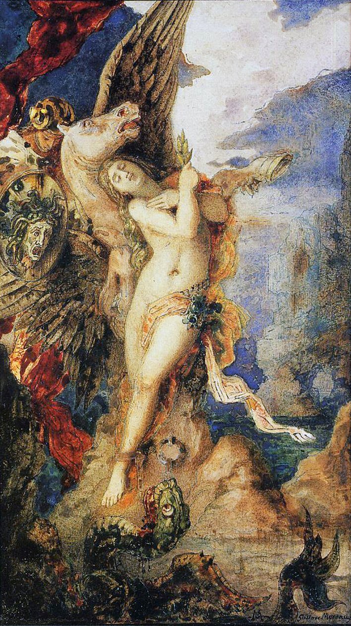 Perseus ja Andromeda, n. 1867-69 (wc ja kynä paperilla) tekijältä Gustave Moreau