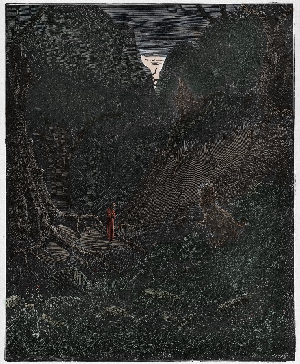 Inferno, Canto 1: Leijona kohtaa yhtäkkiä Danten, piirros Dante Alighierin jumalallisesta komediasta, 1885 (digitaalivärinen kaiverrus) tekijältä Gustave after Dore