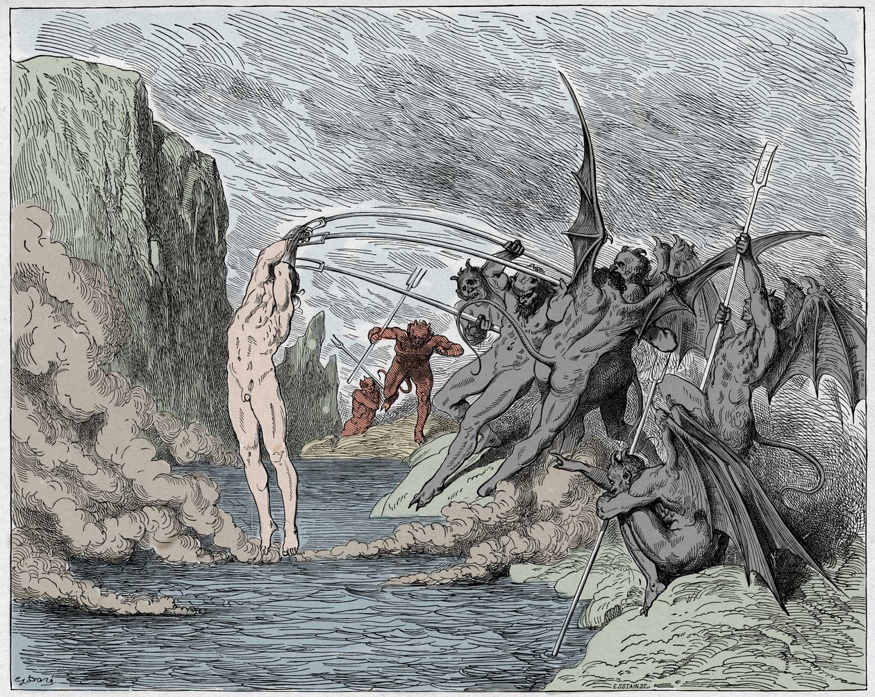Inferno, Canto 21 : Paholaiset piinaavat barratoreja, kuvitus Dante Alighierin teoksesta Divine Comedy, 1885 (digitaalisesti väritetty kaiverrus). tekijältä Gustave after Dore