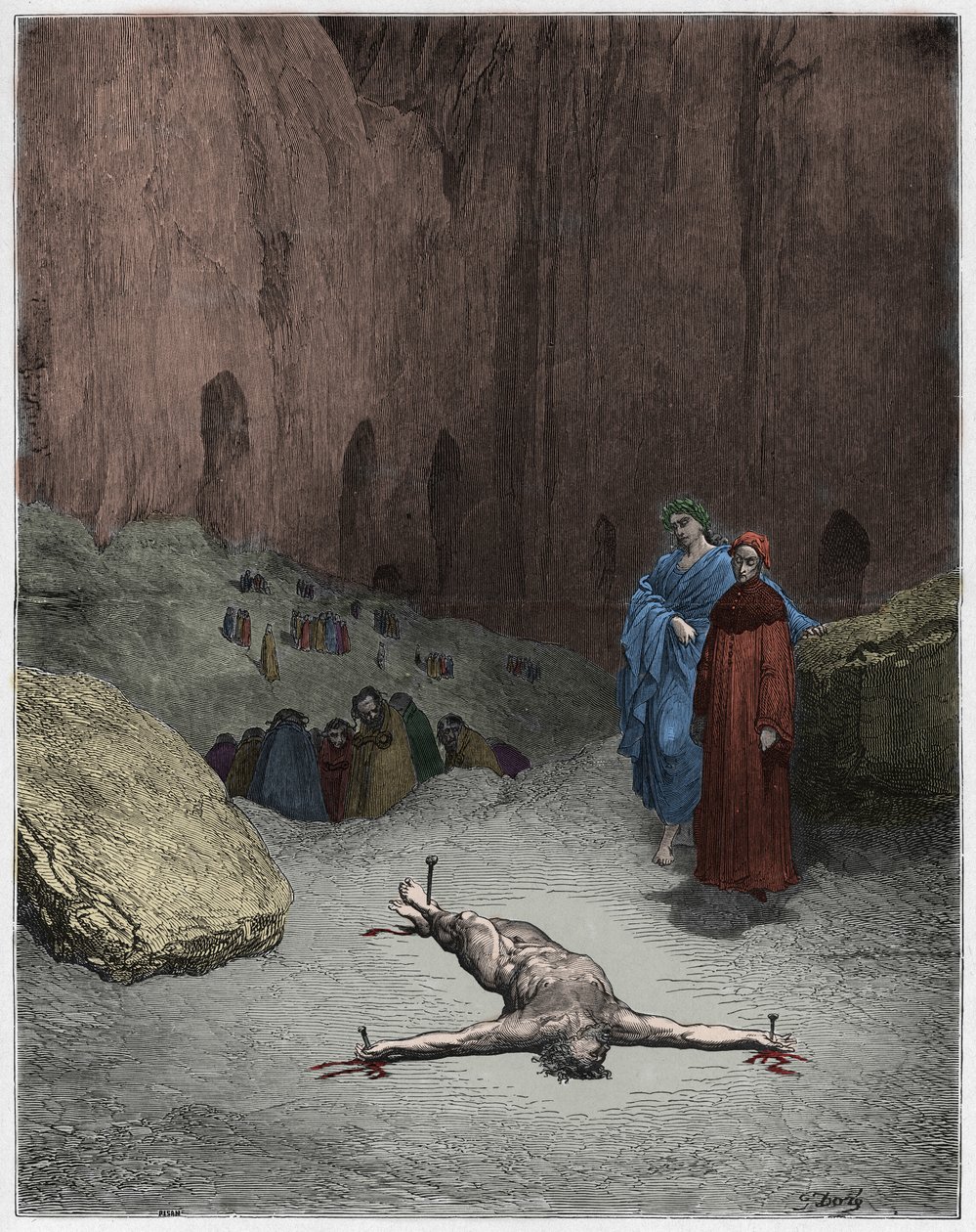 Inferno, Canto 23: Ristiinnaulittu fariseus tekopyhien joukossa, kuvitus Dante Alighierin jumalallisesta näytelmästä, 1885 (digitaalinen kaiverrus) tekijältä Gustave after Dore