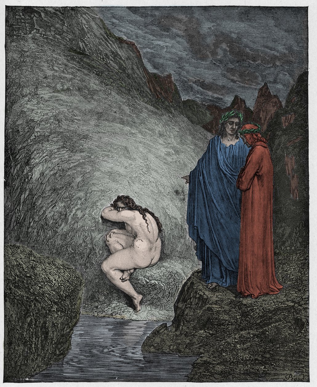 Inferno, Canto 30: Myrrha, insestiin tuomittu, kuvitus Dante Alighierin jumalallisesta komediasta, 1885 (digitaalisesti värillinen kaiverrus) tekijältä Gustave after Dore