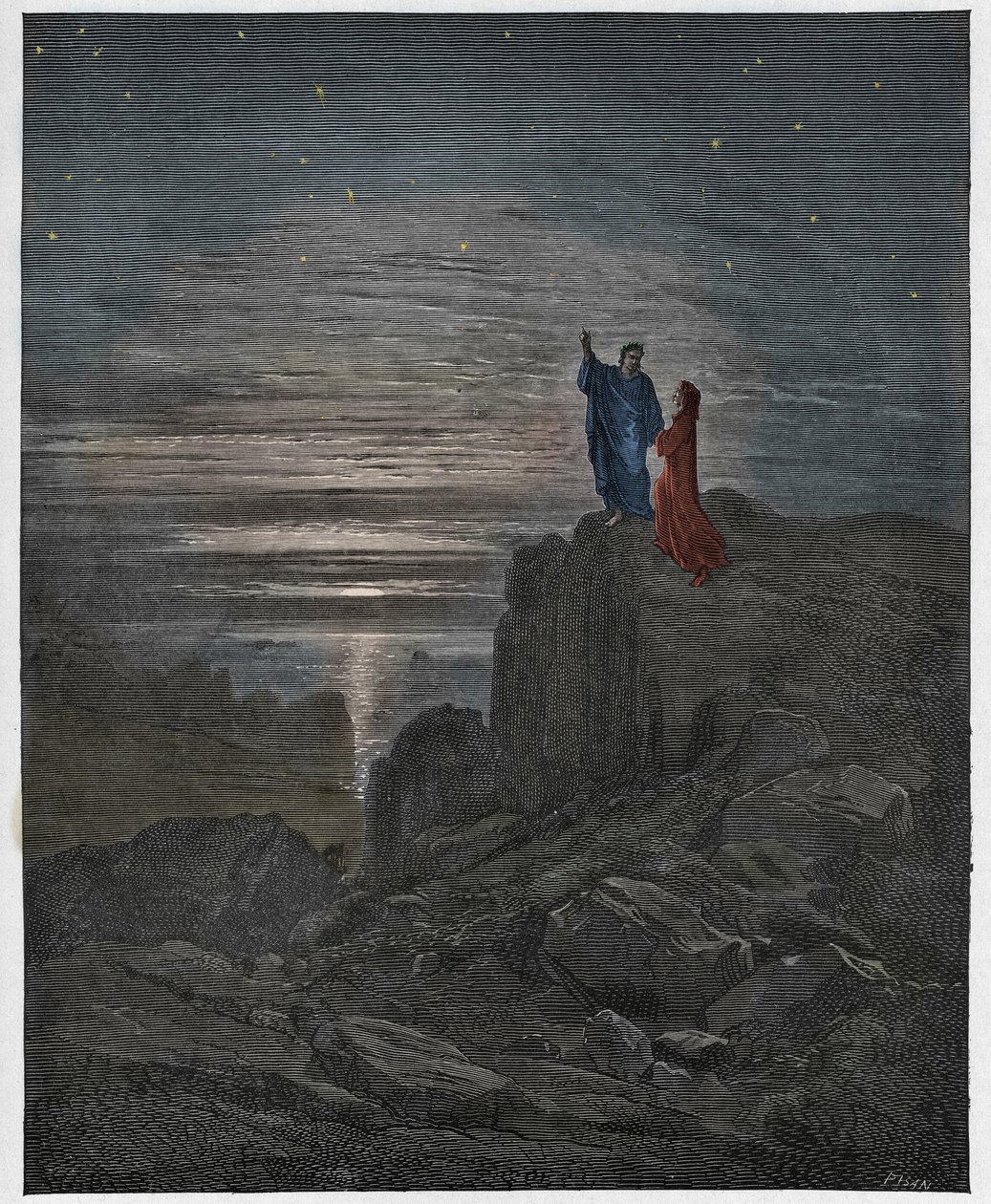 Inferno, Canto 34 : Runoilijat nousevat helvetistä, kuvitus Dante Alighierin teoksesta Divine Comedy, 1885 (digitaalisesti väritetty kaiverrus). tekijältä Gustave after Dore