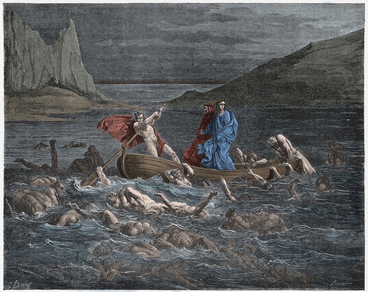 Inferno, Canto 8 : Phlegyasin (Phlegias) lautat Dante ja Virgil Styxin poikki, kuvitus Dante Alighierin jumalallisesta komediasta, 1885 (digitaalisesti värillinen kaiverrus) tekijältä Gustave after Dore