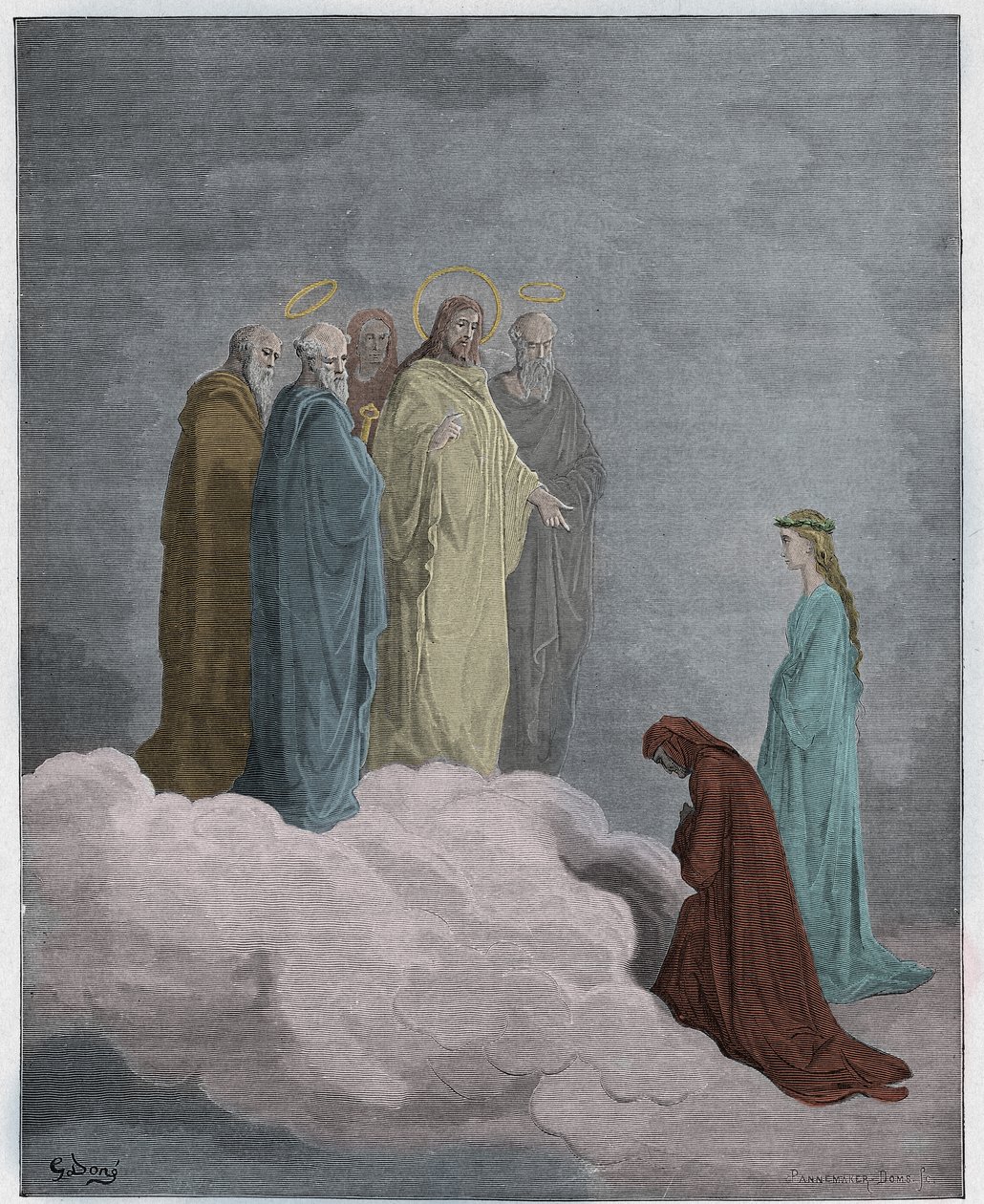 Paradiso, Canto 26: St John tutkii Dantea rakkaudesta, piirros Dante Alighierin jumalallisesta komediasta, 1885 (digitaalisesti värillinen kaiverrus) tekijältä Gustave after Dore