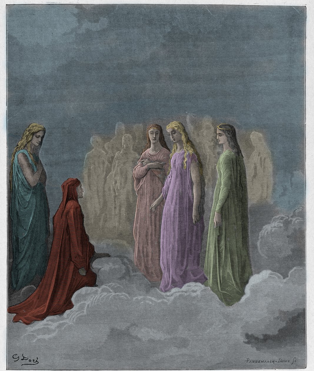 Paradiso, Canto 3: Ensimmäinen valtakunta: Piccarda Donati ja sielut, joiden lupaukset oli rikottu, kuvitus Dante Alighierin jumalallisesta komediasta, 1885 (digitaalinen kaiverrus) tekijältä Gustave after Dore