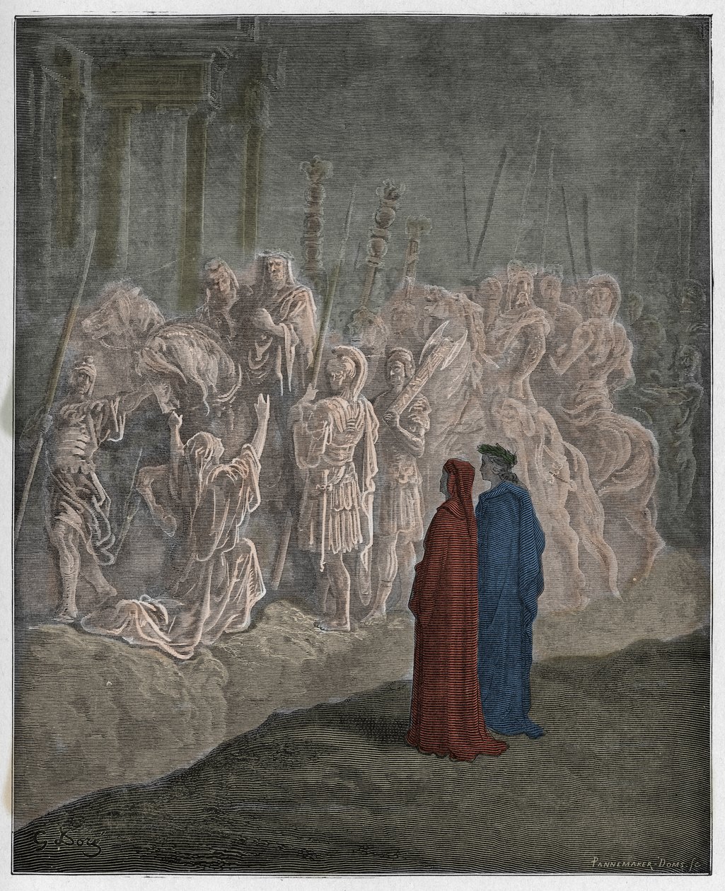 Purgatorio, Canto 10 : Ylpeyttä kuvaavat marmoriveistokset, kuvitus Dante Alighierin jumalallisesta komediasta, 1885 (digitaalivärinen kaiverrus) tekijältä Gustave after Dore