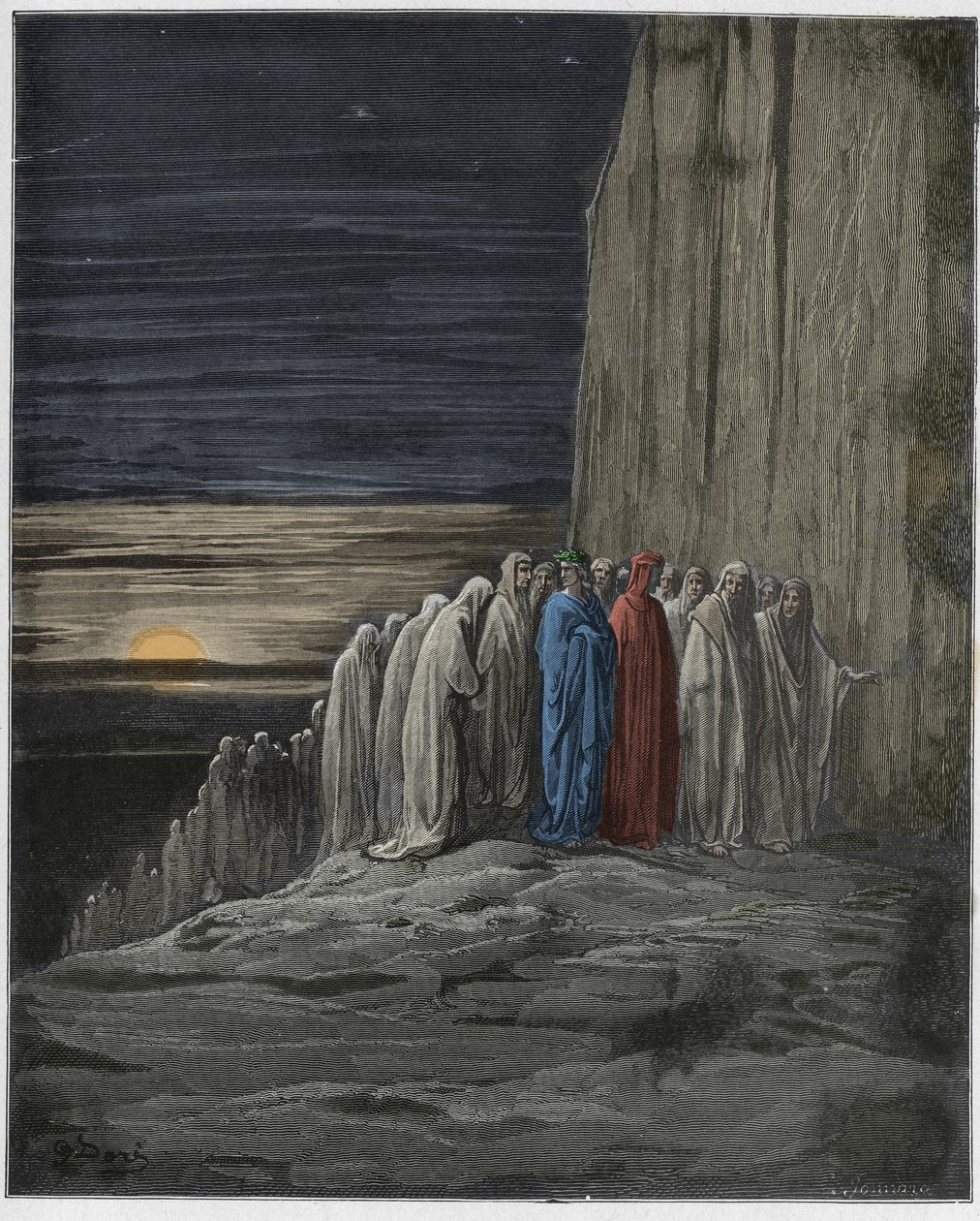 Purgatorio, Canto 18 : Laiskien joukko, kuvitus Dante Alighierin jumalallisesta komediasta, 1885 (digitaalivärinen kaiverrus) tekijältä Gustave after Dore