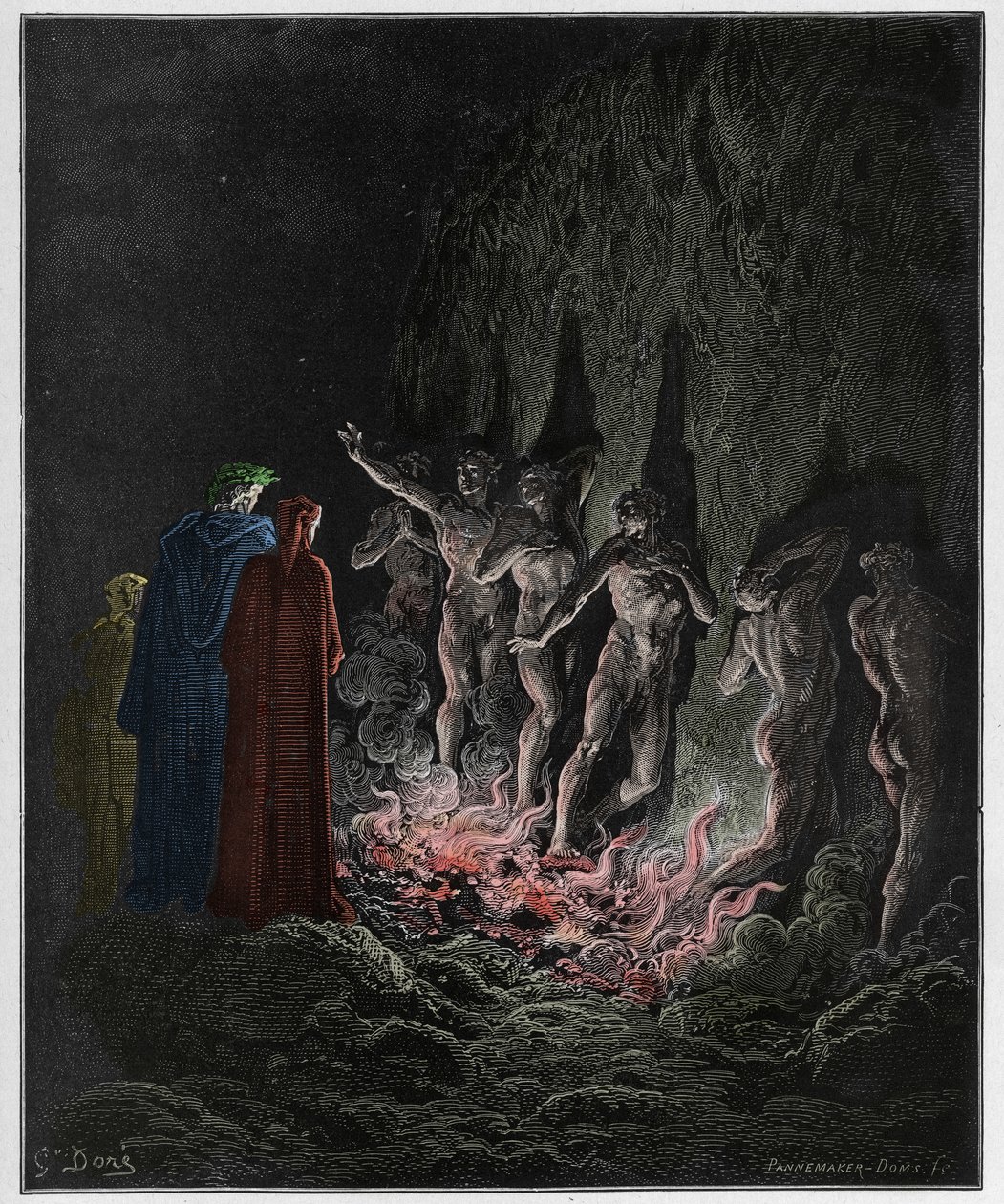 Purgatorio, Canto 25 : himokas kulku tulen läpi seitsemännessä ympyrässä, kuvitus Dante Alighierin teoksesta Divine Comedy, 1885 (digitaalisesti väritetty kaiverrus). tekijältä Gustave after Dore