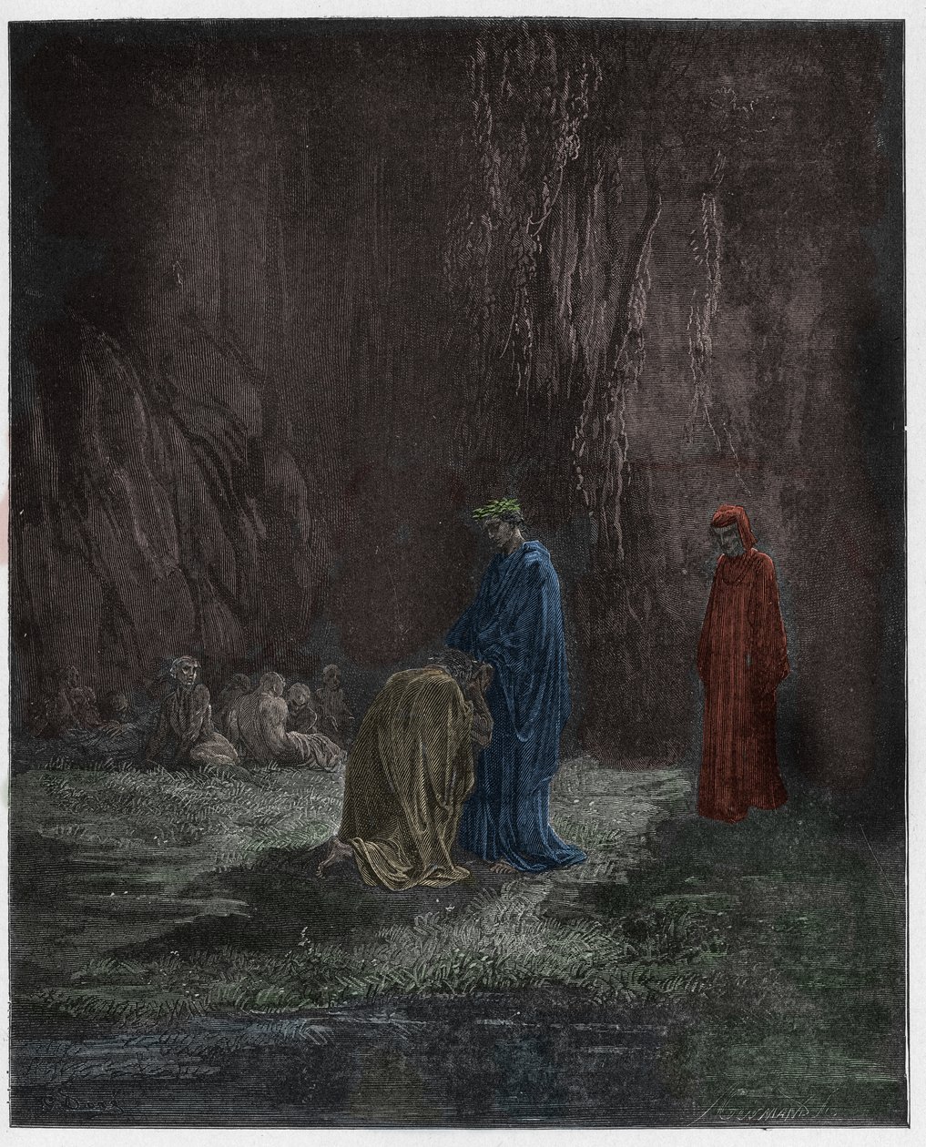 Purgatorio, Canto 7: Runoilija Sordello, hämmästynyt, polvistuu Vergiliuksen eteen, kuvitus Dante Alighierin jumalallisesta näytelmästä, 1885 (digitaalivärinen kaiverrus) tekijältä Gustave after Dore