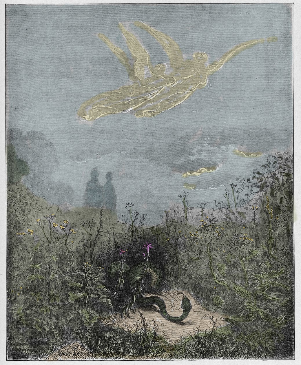 Purgatorio, Canto 8: Enkelit ajavat käärmeen pois, kuvitus Dante Alighierin jumalallisesta komediasta, 1885 (digitaalivärinen kaiverrus) tekijältä Gustave after Dore