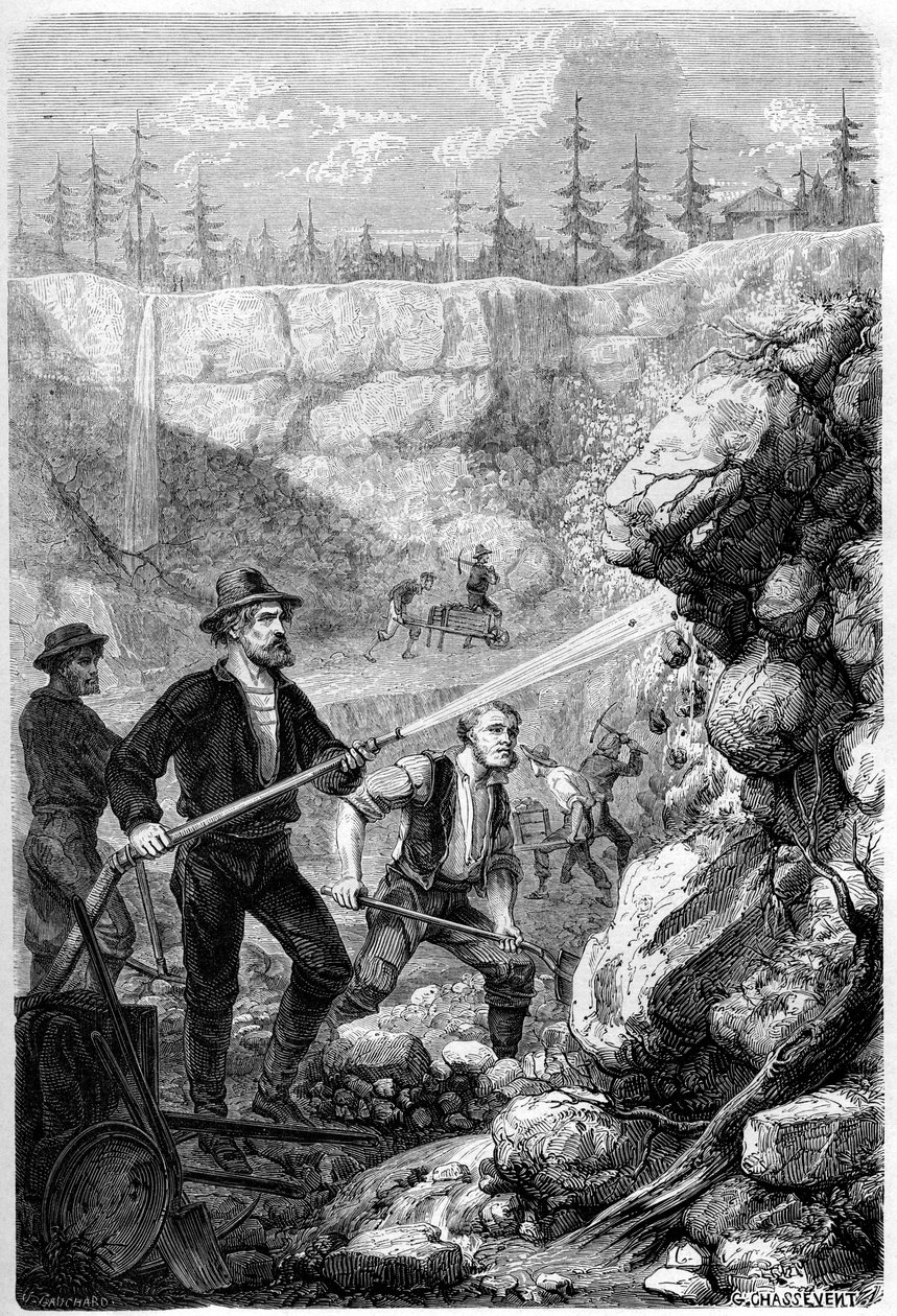 Hydraulinen kaivostoiminta, Kalifornia, 1859. tekijältä Gustave Adolphe Chassevent Bacques