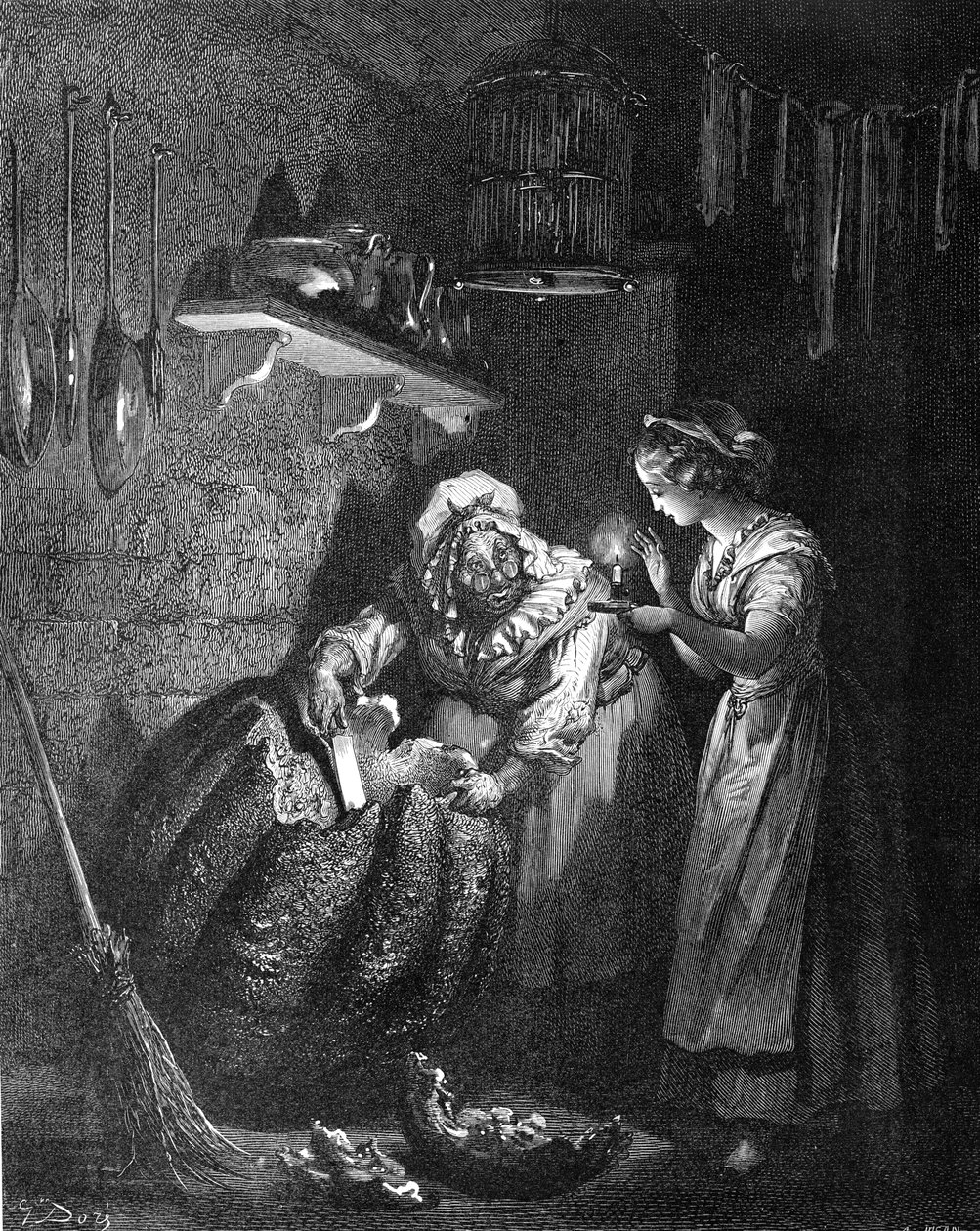 Cinderella: Keijukummi kaivertaa kurpitsaa. tekijältä Gustave Dore