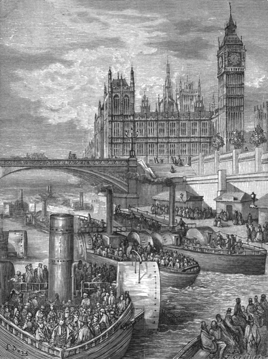 "Westminster Stairs - Steamers Leaving", 1872. tekijältä Gustave Dore