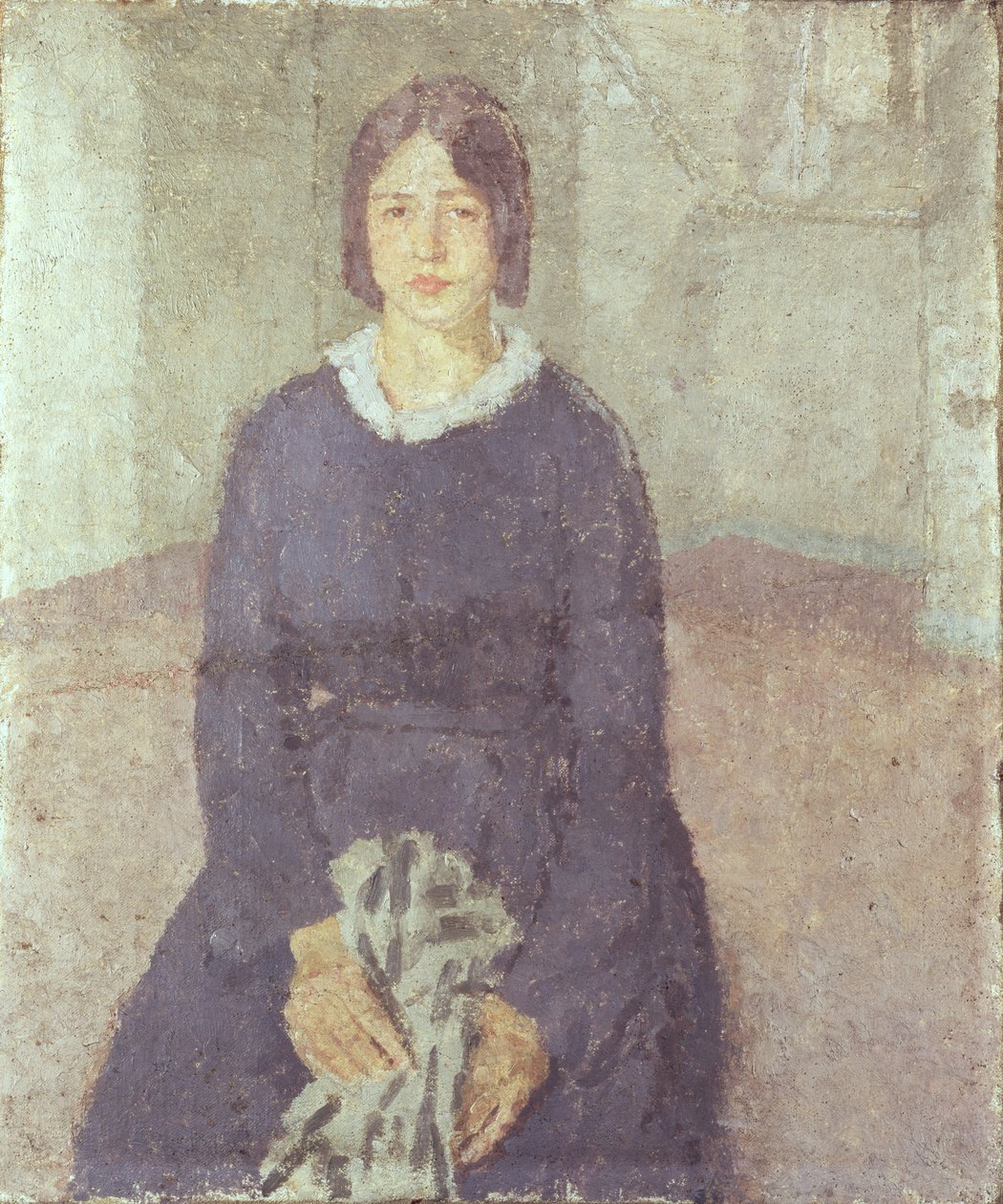 Tyttö sinisessä mekossa pitelee ompelukappaletta tekijältä Gwen John