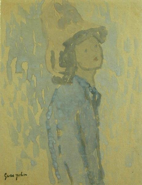 Tyttö hatulla (guassi paperille) tekijältä Gwen John