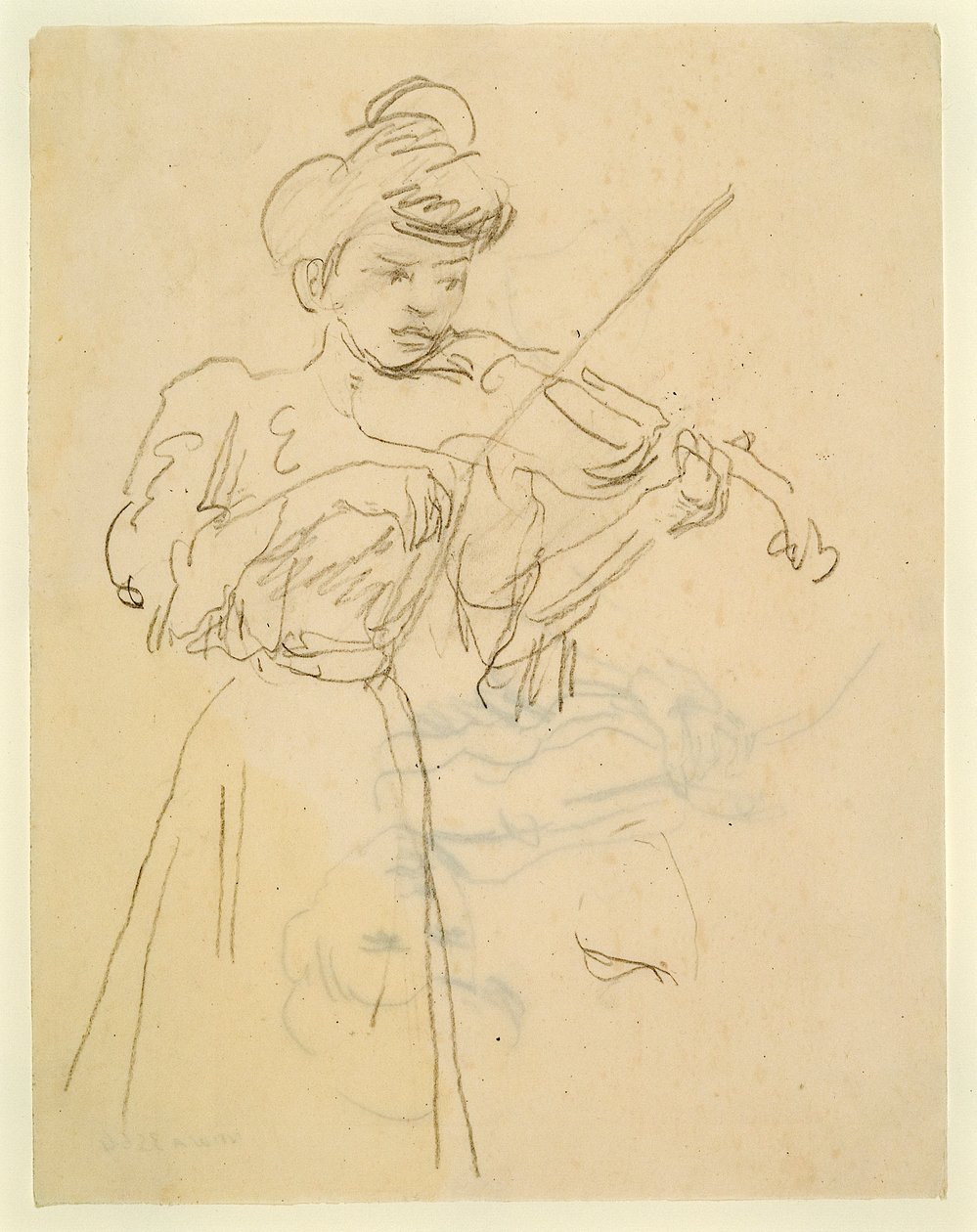 Nainen seisoo ja soittaa viulua (lyijykynä paperille) tekijältä Gwen John