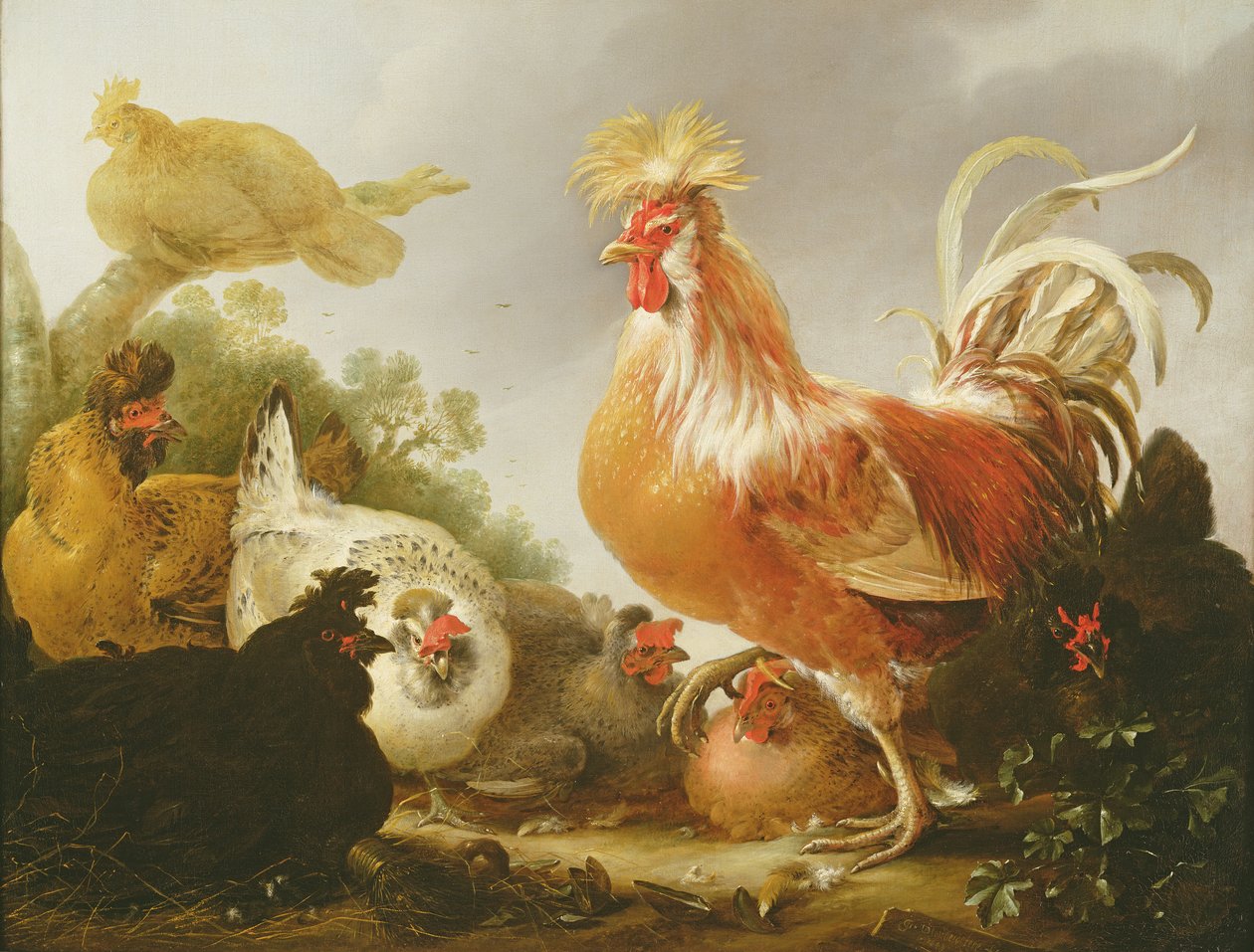 Kukko ja kanat maisemassa, 1649 tekijältä Gysbert Hondecoeter
