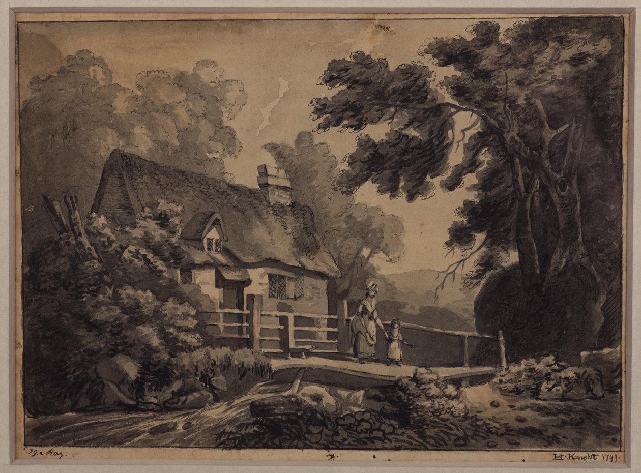 Äiti ja lapsi ylittävät puron, 1799 (lyijykynä, muste ja pesu paperille) tekijältä H. Knight