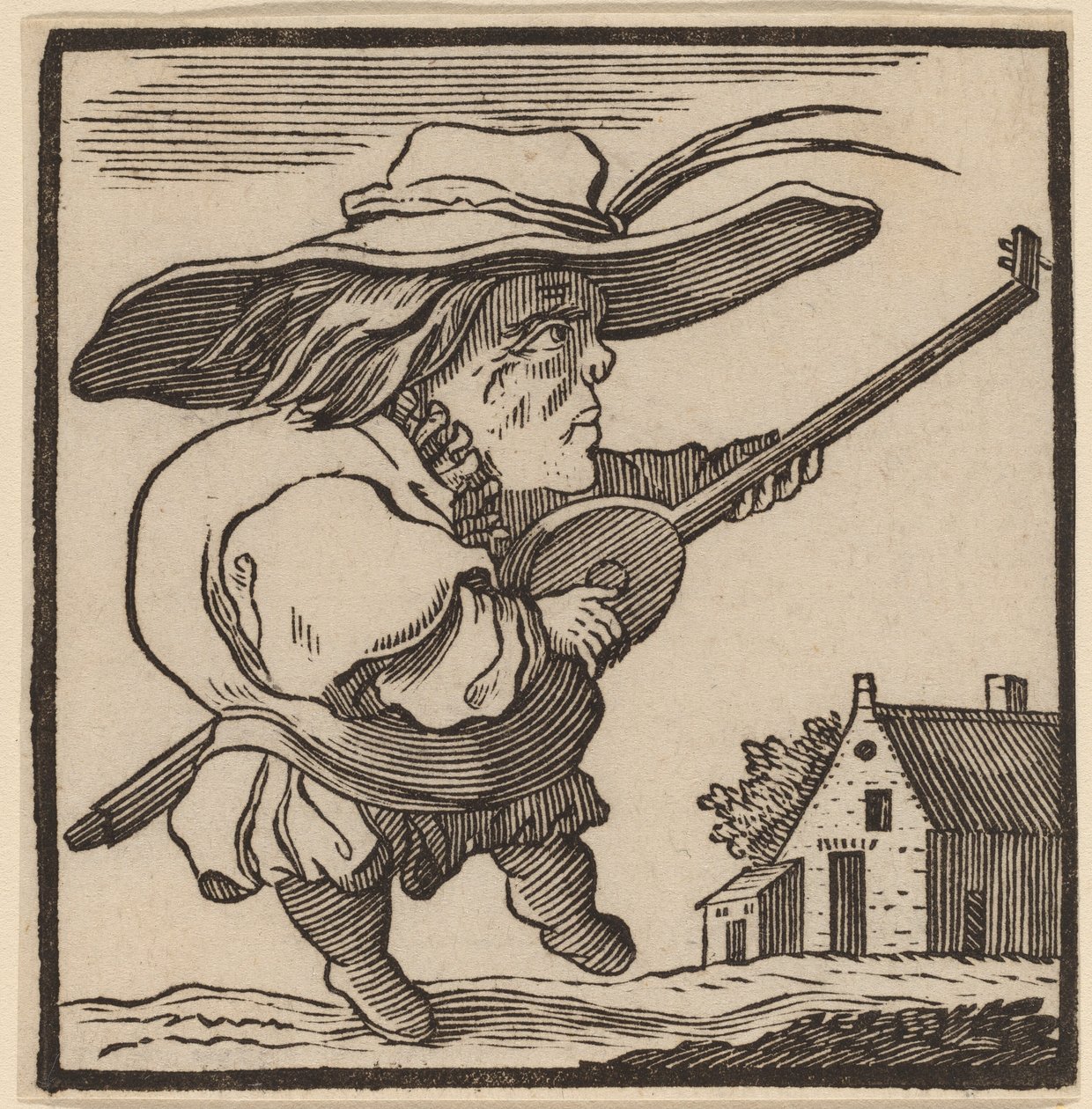 Kypärä soittamassa luuttua tekijältä H. Numan after Jacques Callot