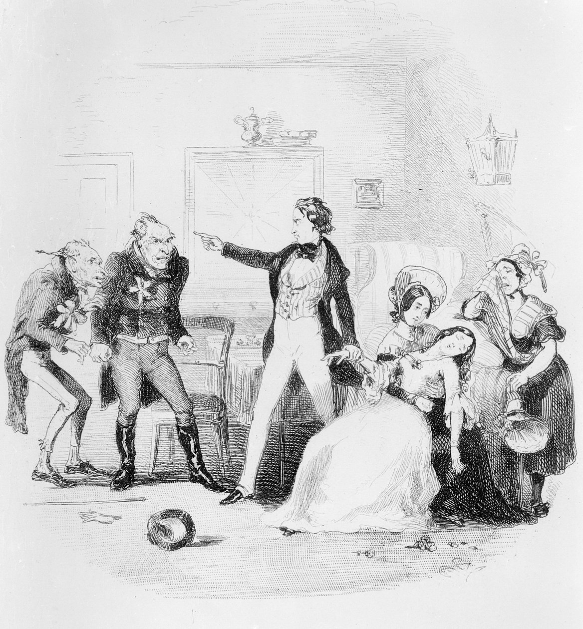 Nicholas onnittelee Arthur Gridea hääaamuna, kuvitus Charles Dickensin (1812-70) "Nicholas Nicklebystä" julkaistiin 1839 tekijältä Hablot Knight Browne