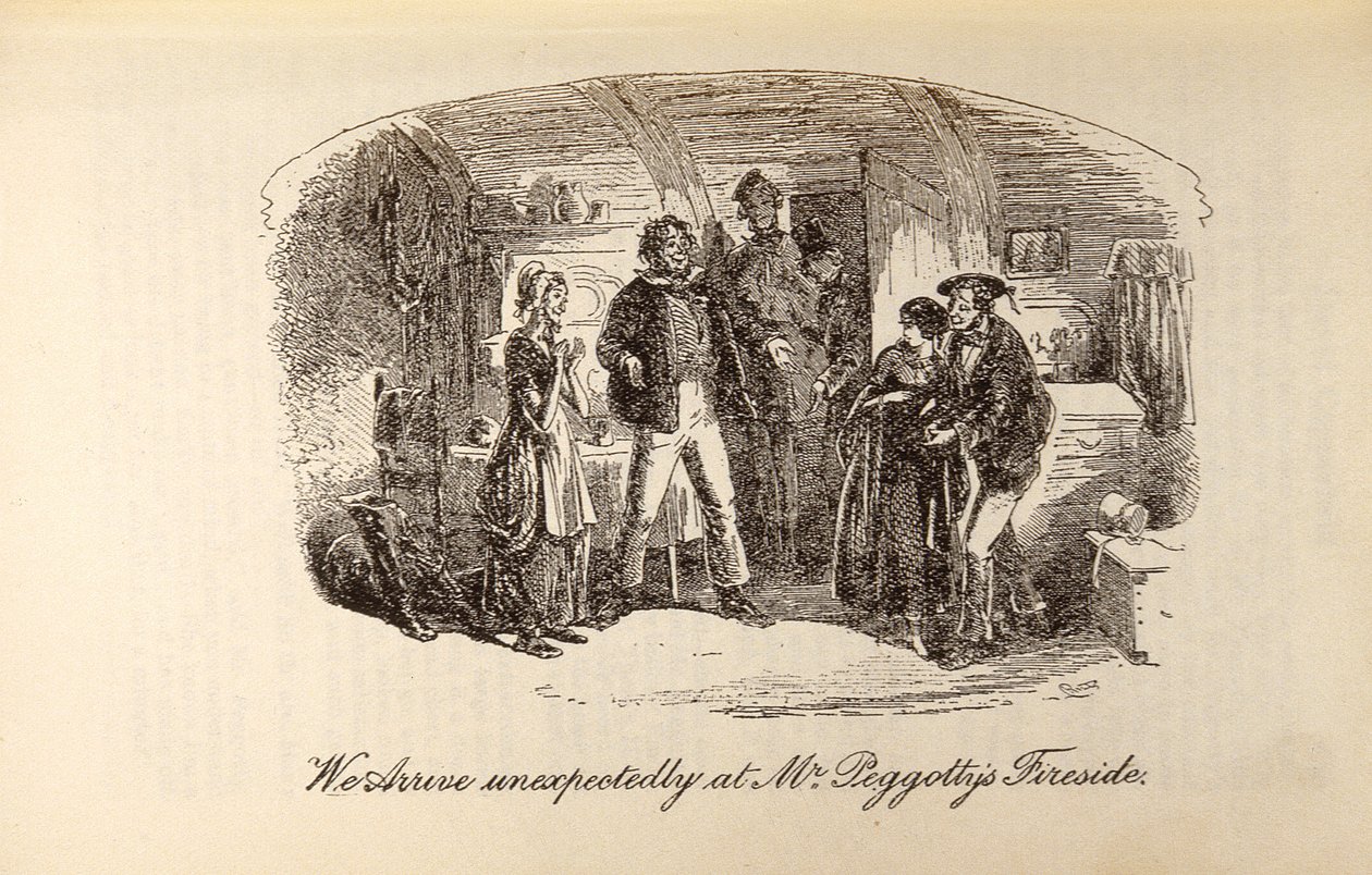"Saavumme odottamatta herra Peggottyn takkasalille", Charles Dickensin (1812-70) "David Copperfieldistä" tekijältä Hablot Knight Browne