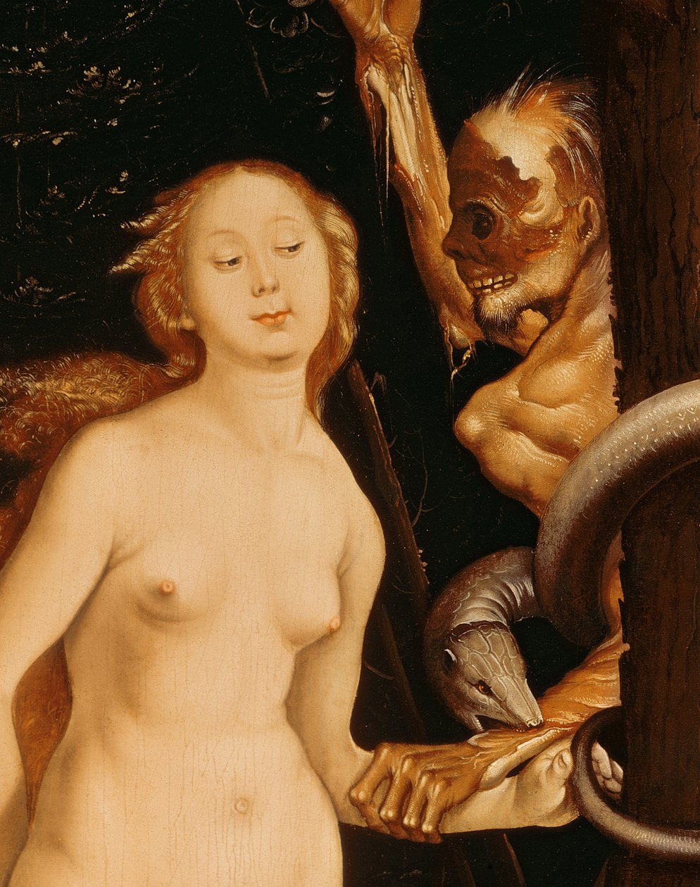 Eve, käärme ja kuolema öljy paneelin yksityiskohdassa 35456 tekijältä Hans Baldung Grien