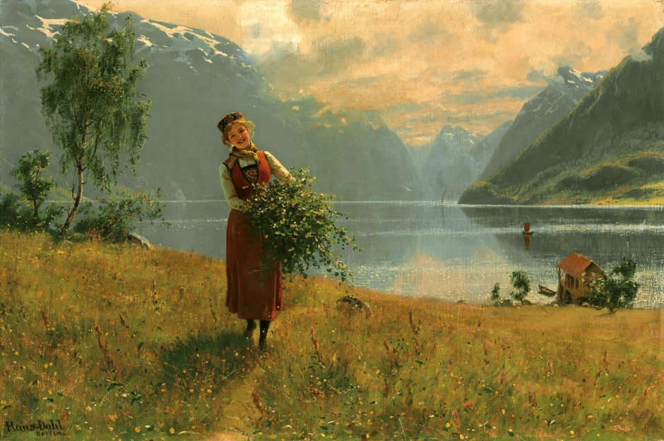 Junges Madchen mit Birkenzweigen vor einem norwegischen Fjord. tekijältä Hans Dahl